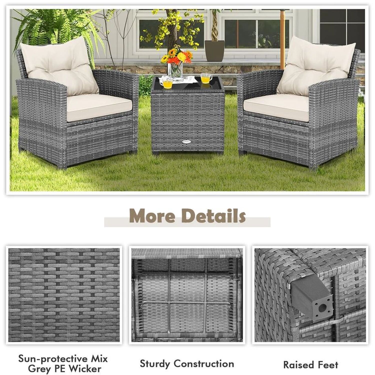 3 Piece Patio Rattan Chair And Table Set Outdoor Wicker Bistro - White