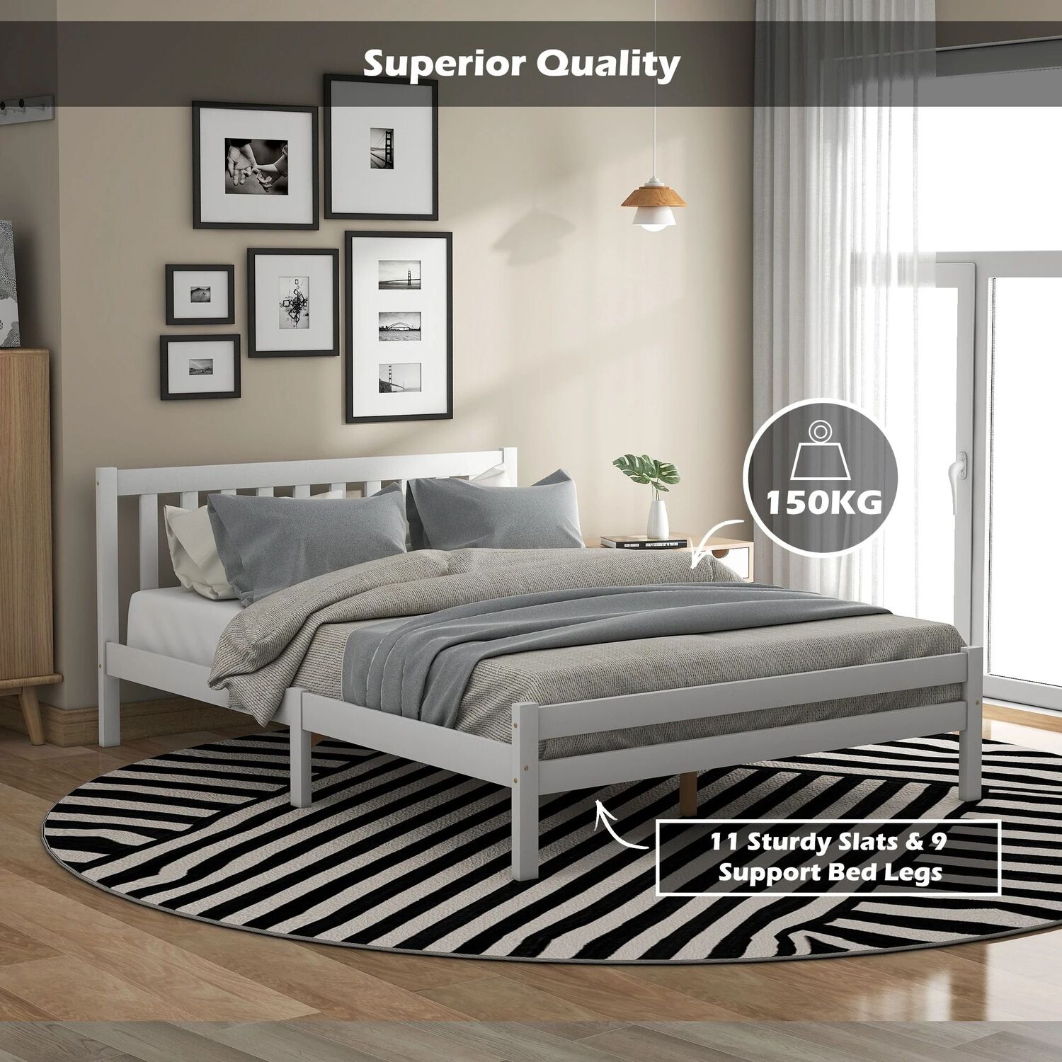 Double Wooden Bed Frame For Bedroom - White