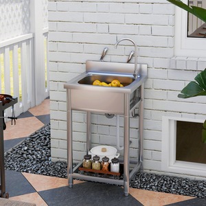 HOMCOM Stainless Steel Outdoor Utility Sink w Cold and Hot Water Pipe