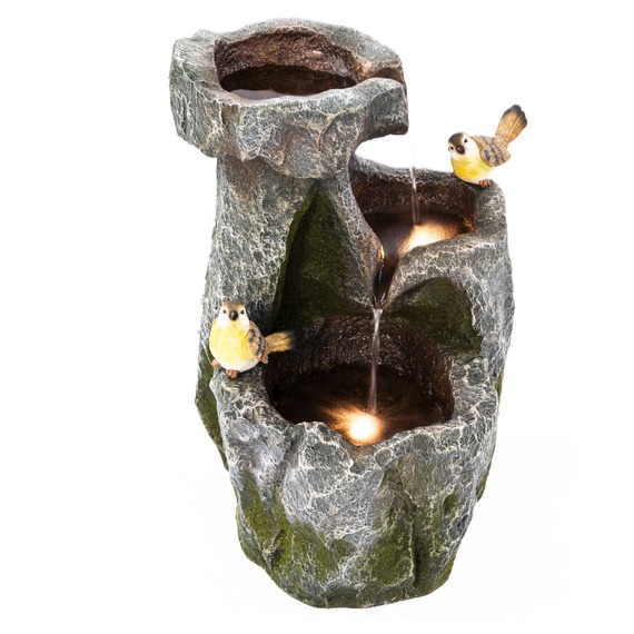 Cascading Rock Water Feature with Two Birds and LED Lights