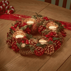 Red Christmas Bauble Quartet Candle Holder with Pinecones