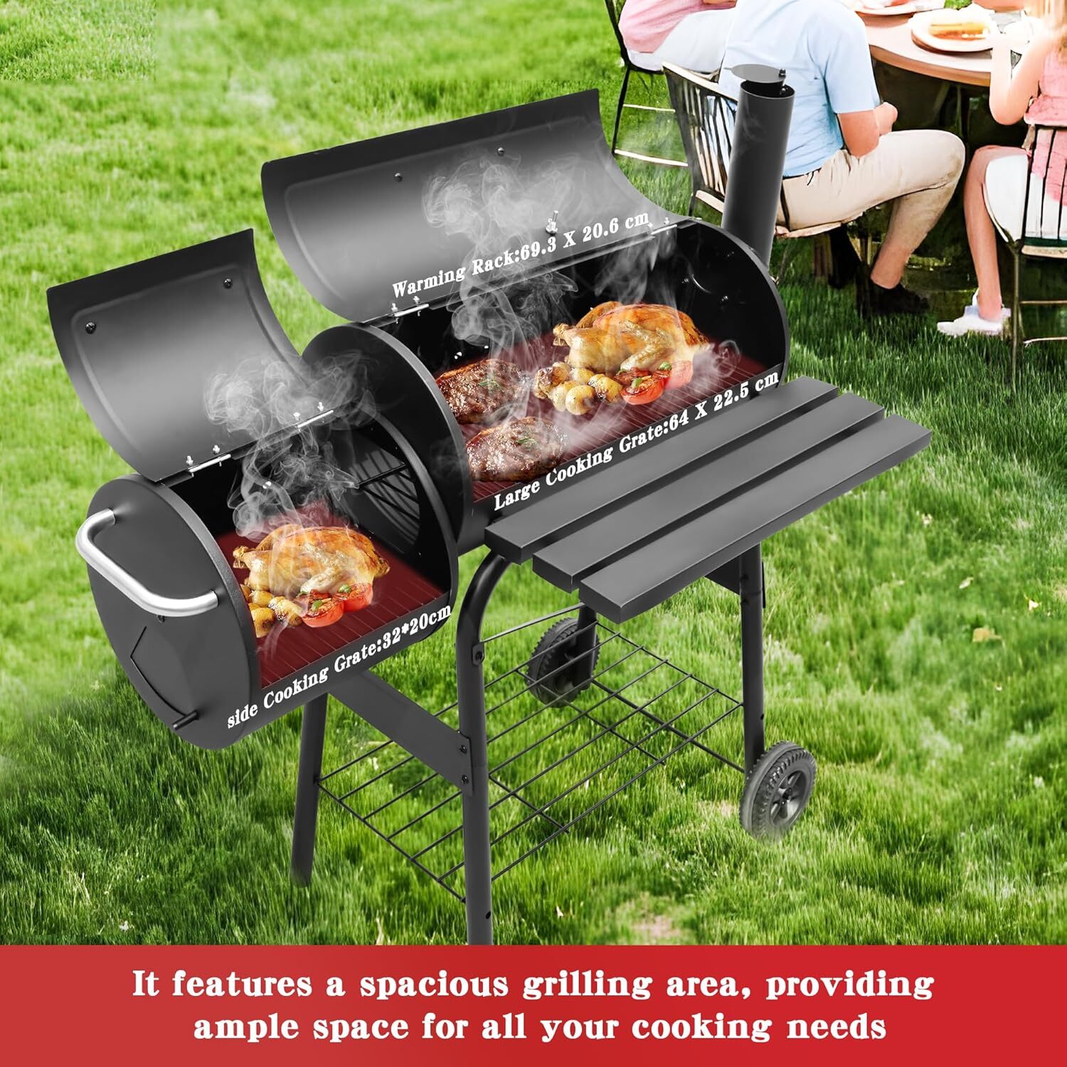 Large Charcoal Bbq Grill With Offset Smoker - Black