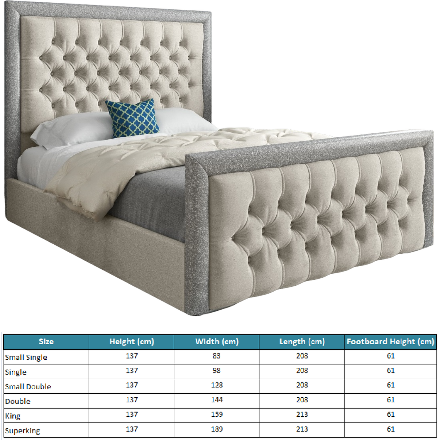 Rincon Glitter Border Upholstered Velvet Bed Frame - Cream Double