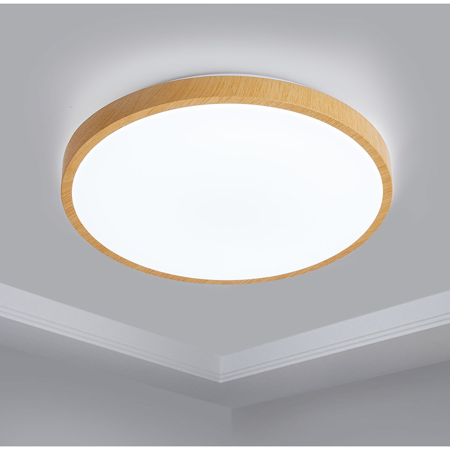 Modern Led Ceiling Light Round Wood Effect Flush Mount - Neutral
