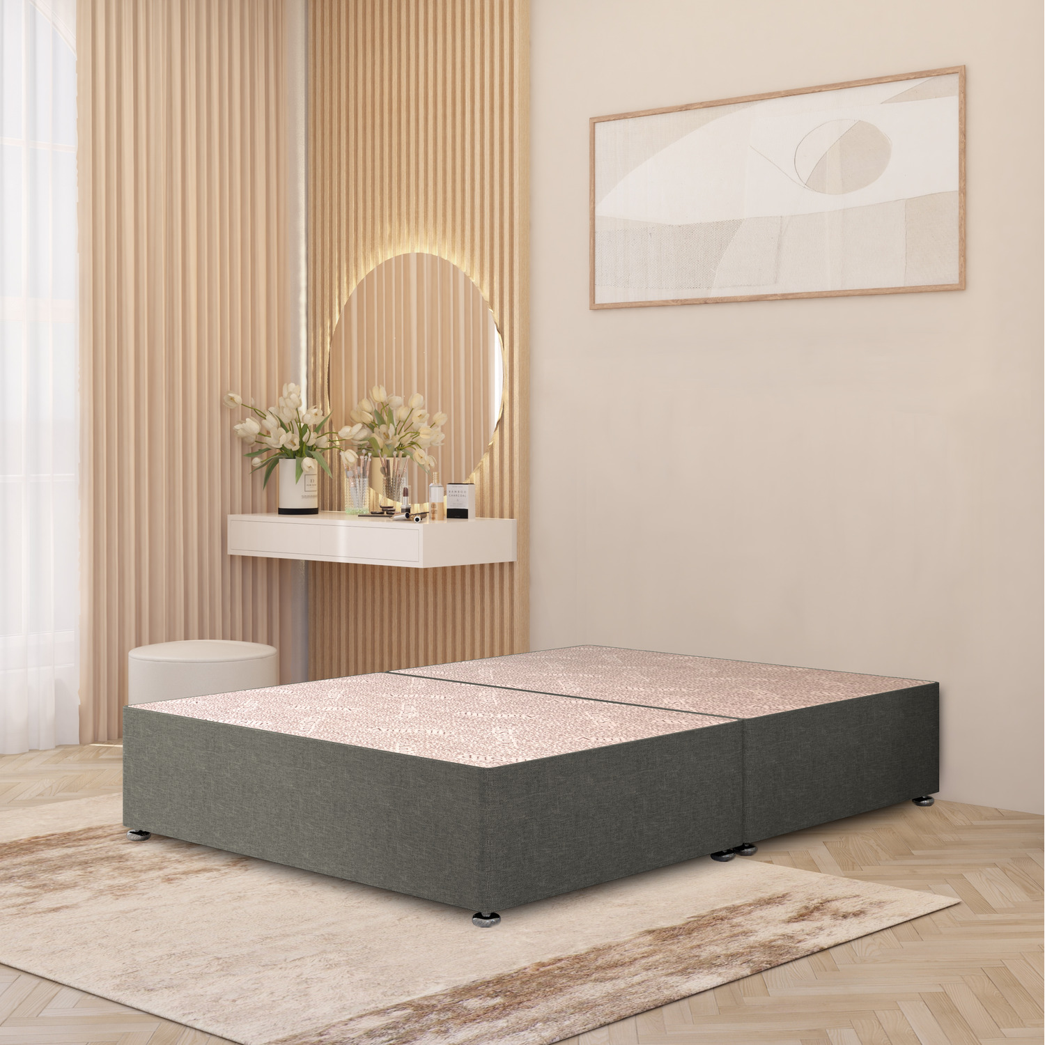 Divan Bed Base Linen Fabric Solid Platform Top With Draw Options - Silver Small Double 22kg