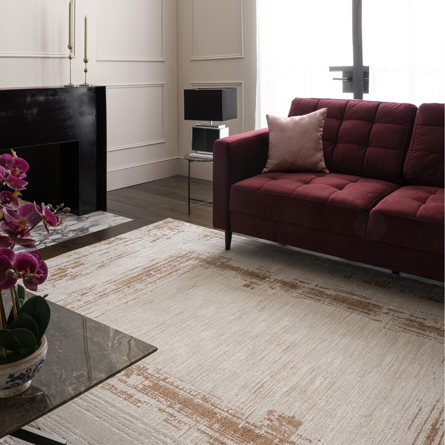 Strata Gold Cream Sketched Border Rug - Gold / 230cm