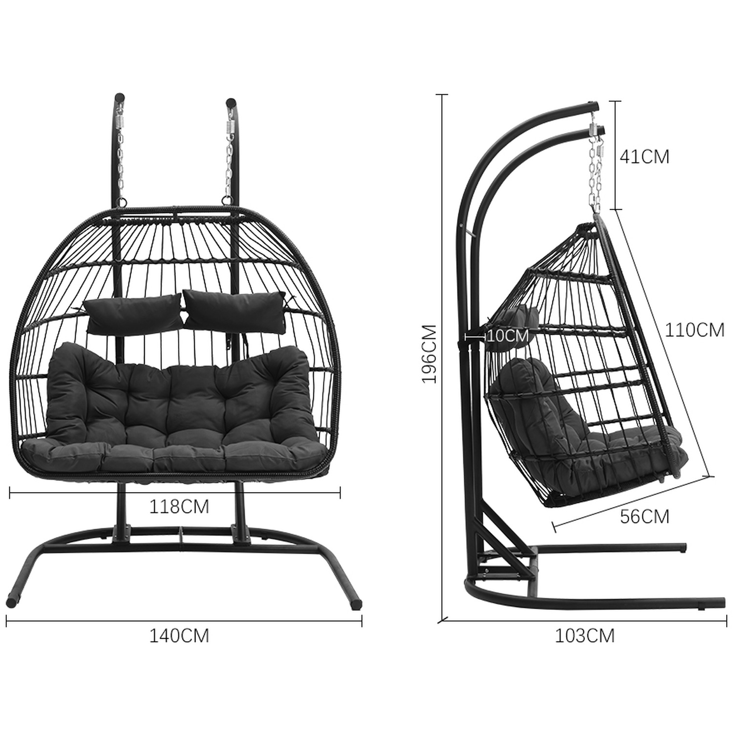 Darphe 2 Seater Garden Hanging Egg Chair With U Shaped Base - Black