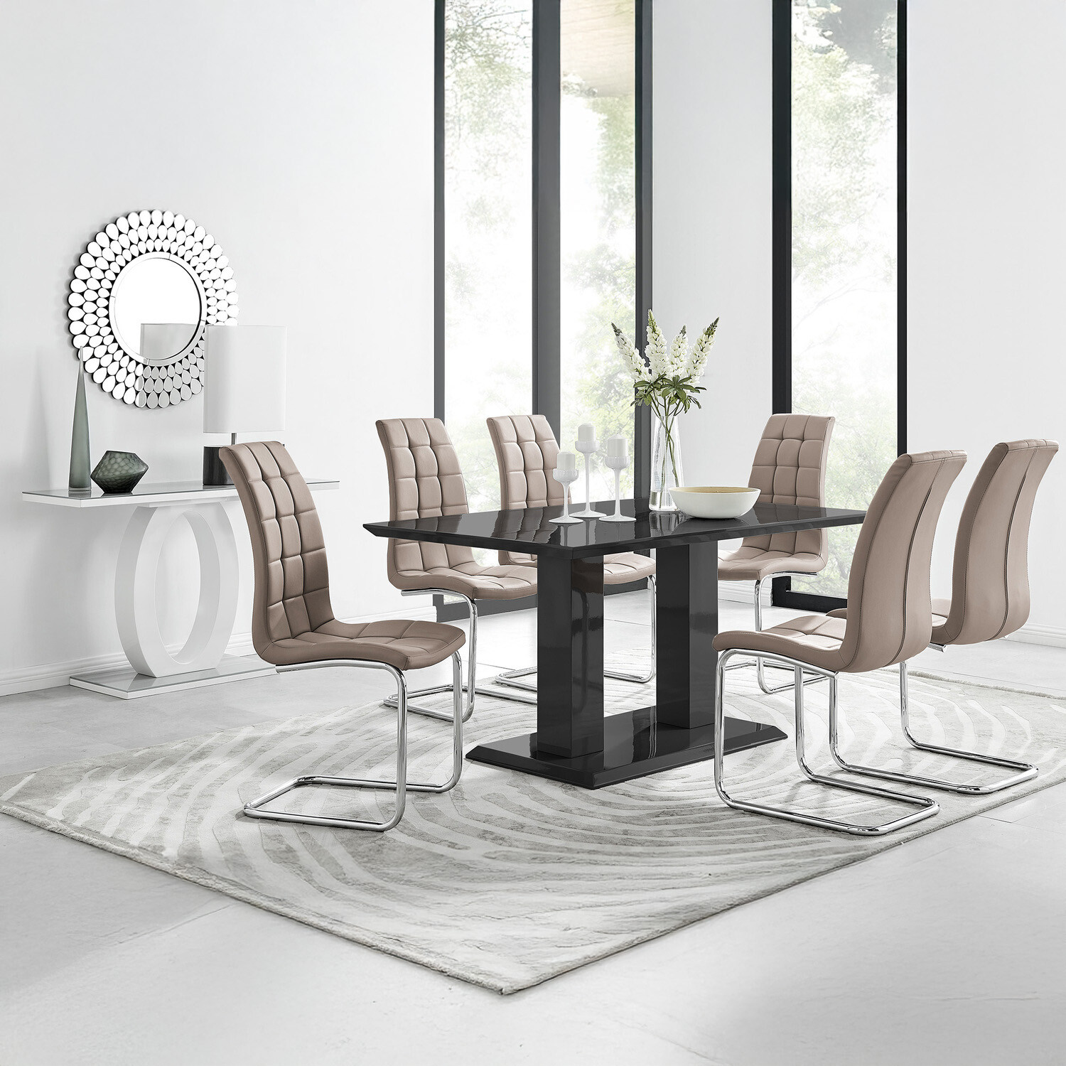 Imperia 6 Black Dining Table and 6 Murano Chairs - Cappuccino