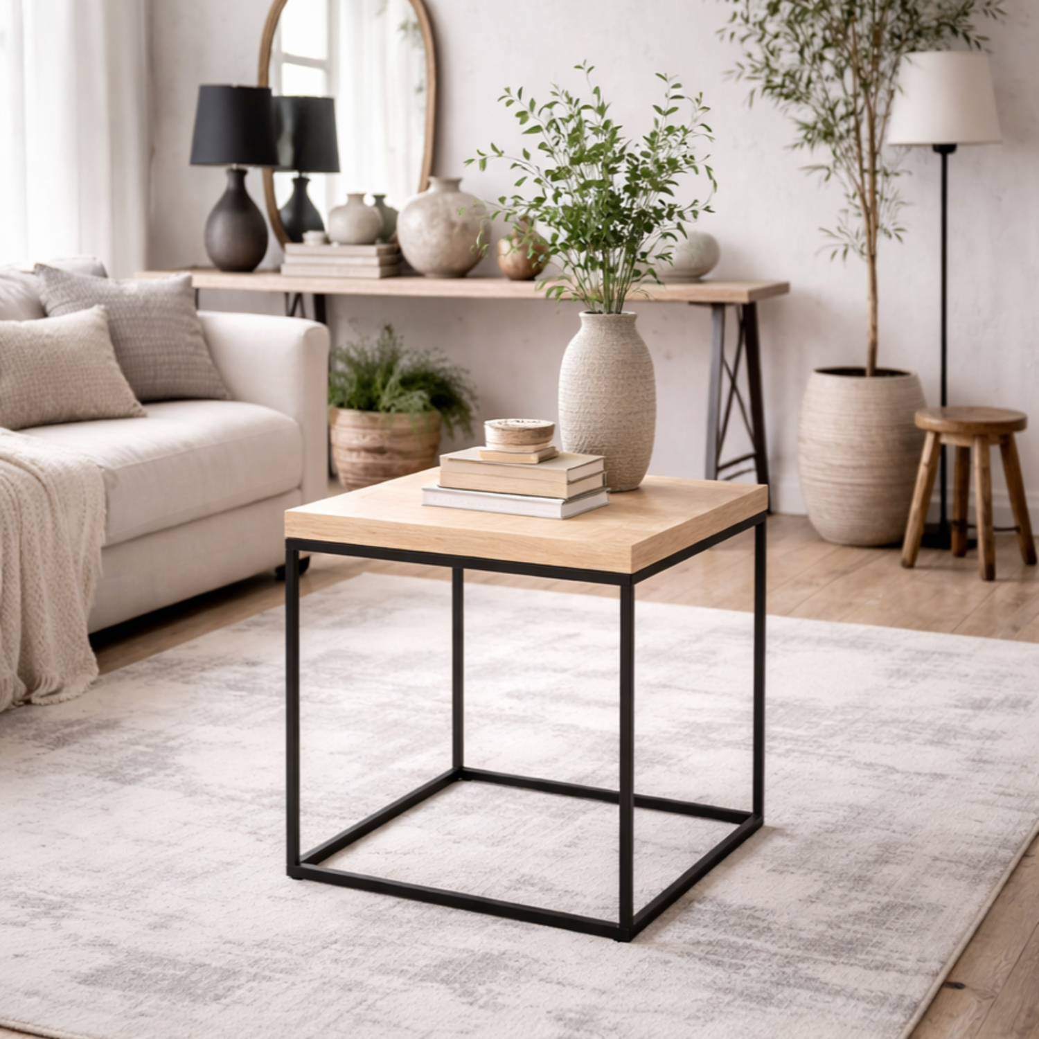 Hazelmere Travertine-Effect Compact Square Coffee Table with Black Metal Legs - Natural