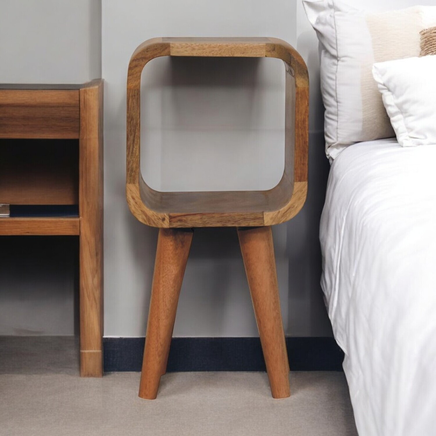 Solid Wood Extra Mini Minimalist Open Curved Bedside - Brown