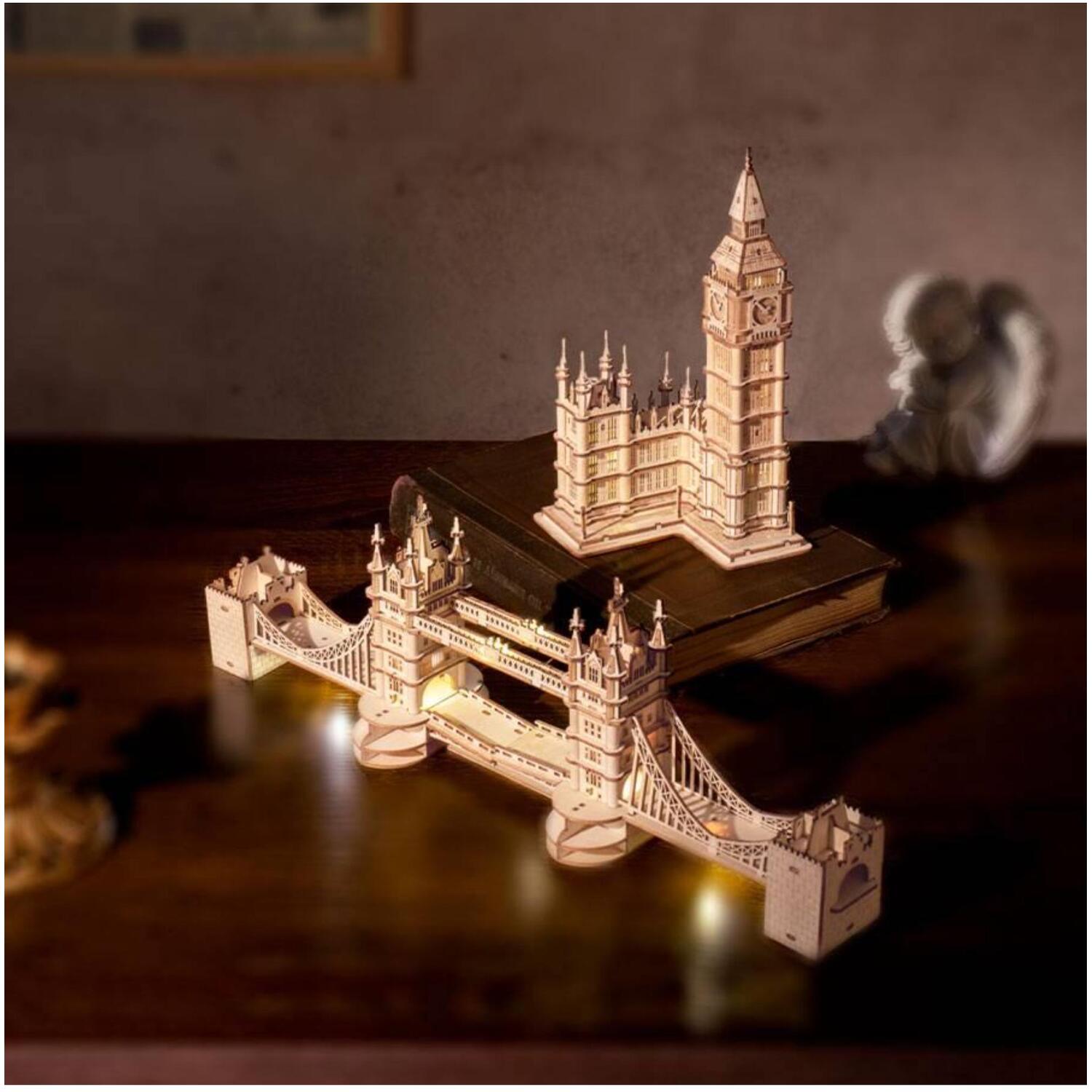 Robotime Rolife 3D Wooden Puzzle Kit DIY London Tower Bridge, String Lights, New - Image 5