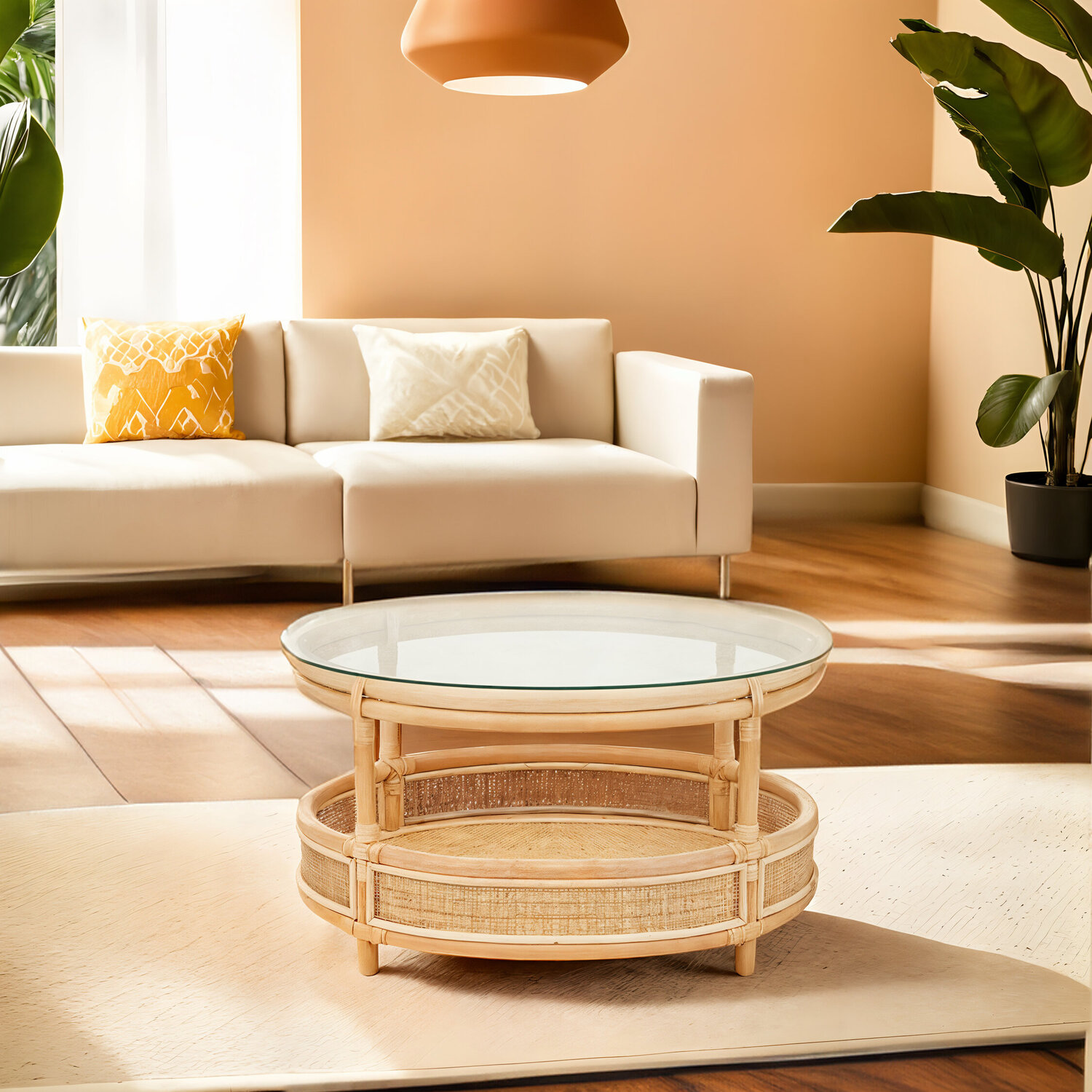 Mataram Rattan Coffee Table With Glass Top - Natural