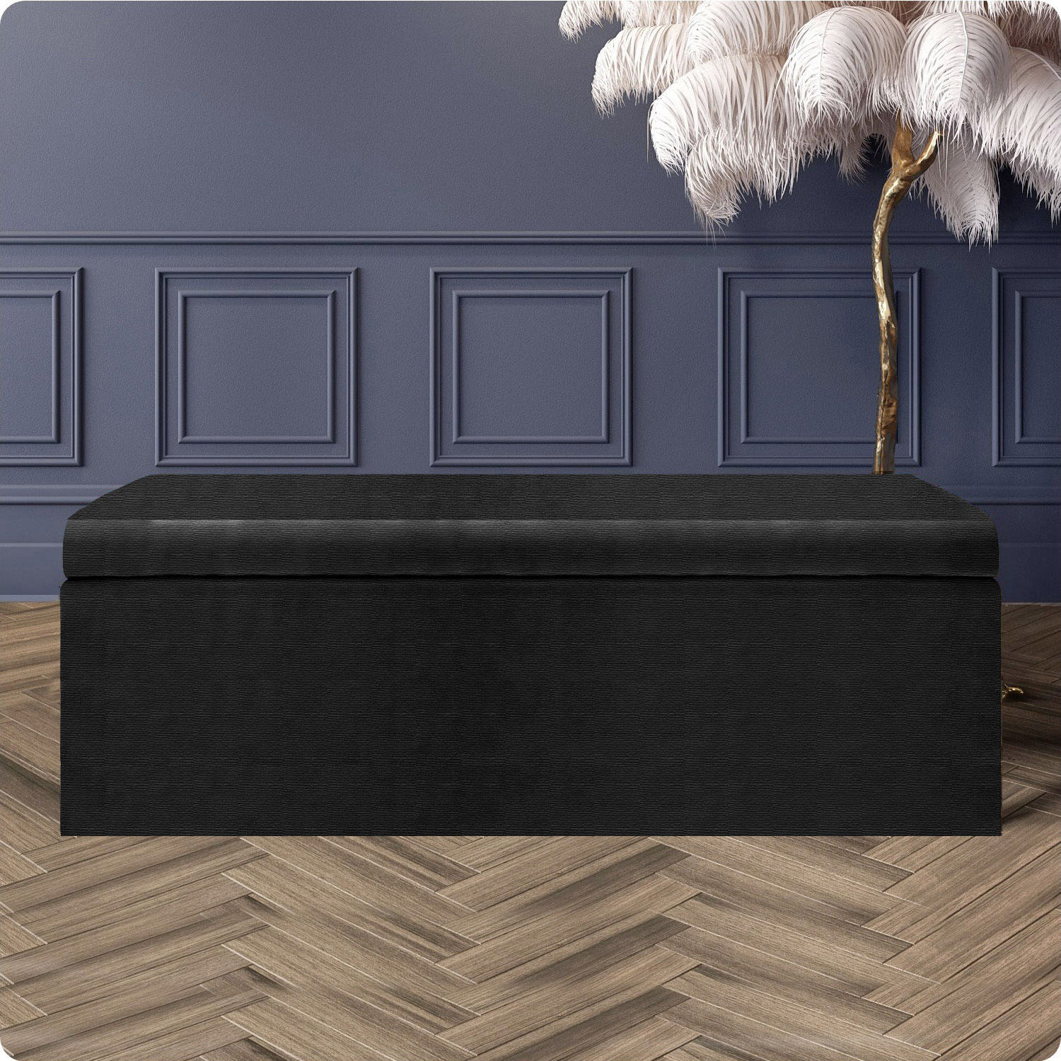 R&M Furnishers Large Plain Safar Storage Ottoman Box, Upholstered Naples Deep Storage Ottoman End Of Bed Bench - Black Naples