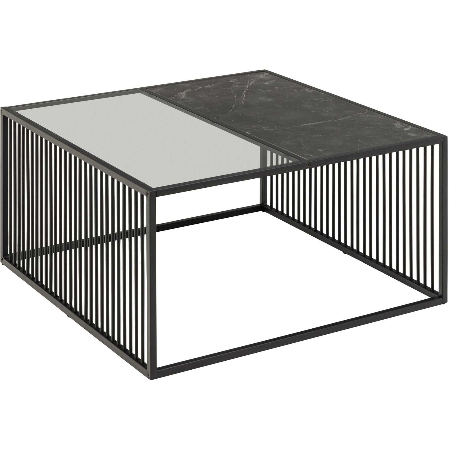 Porto Square Coffee Table Metal Frame Stone Effect Glass Top - Black