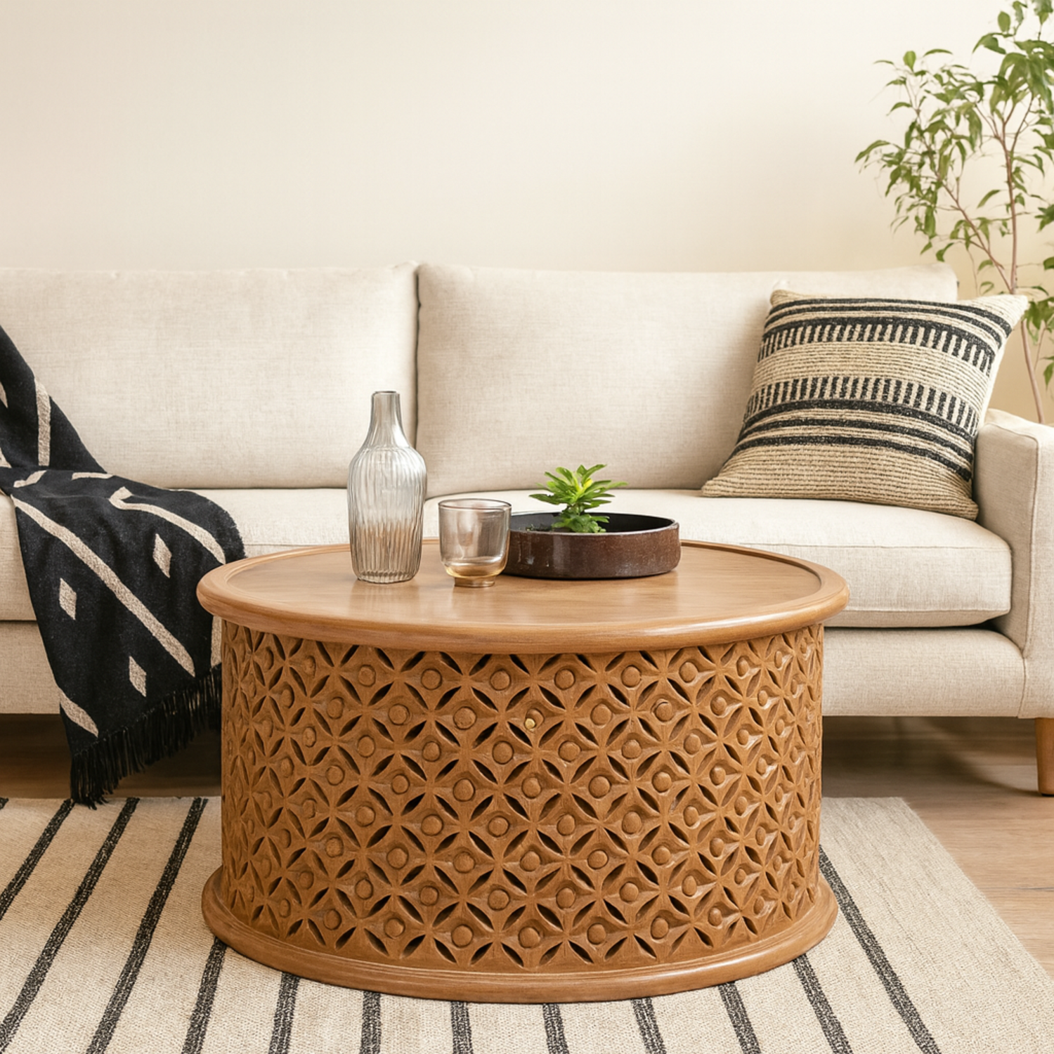 Brighton Round Coffee Table Whitewashed Mango Wood - Brown