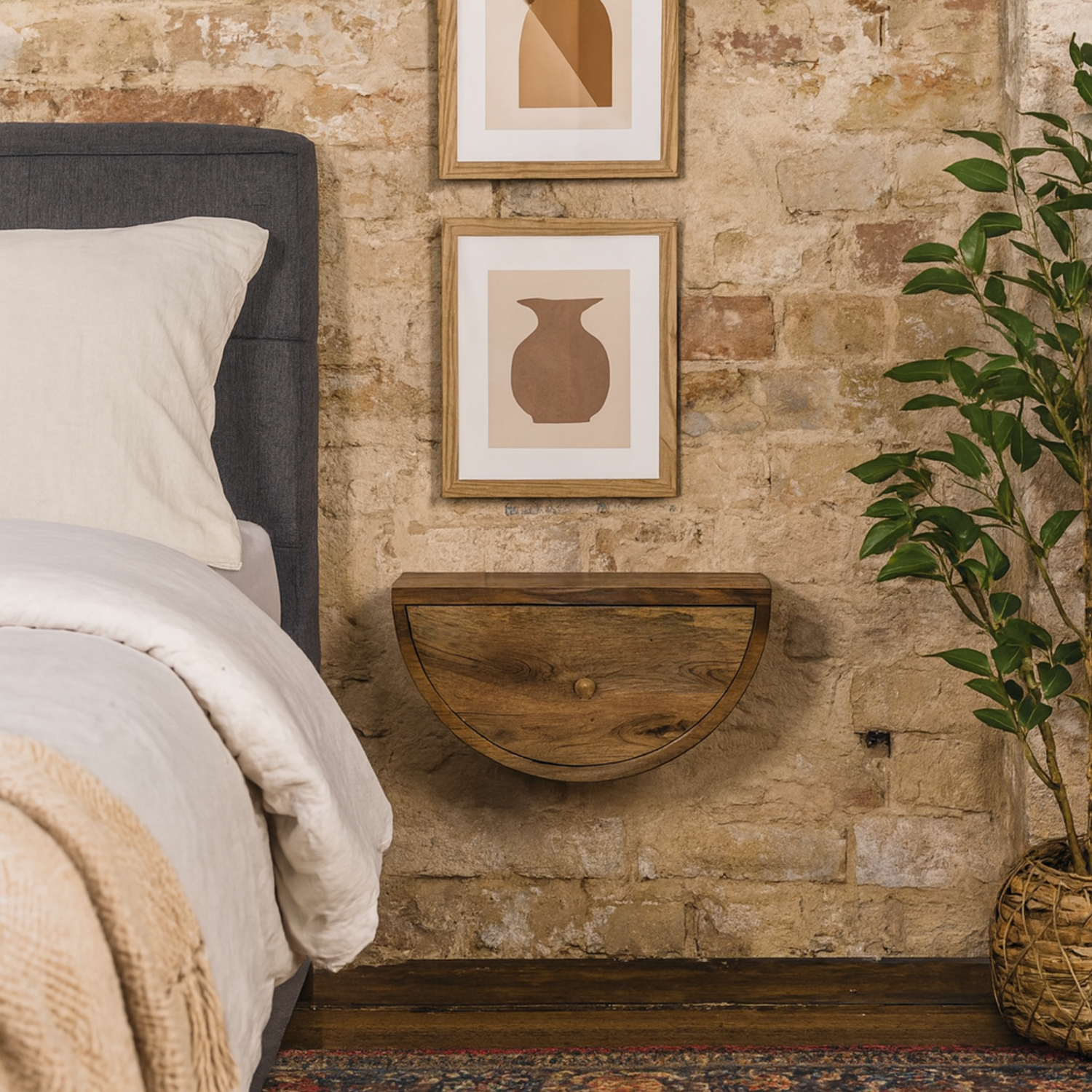 Orvieto Crescent Wall Mounted Floating Bedside Table - Brown