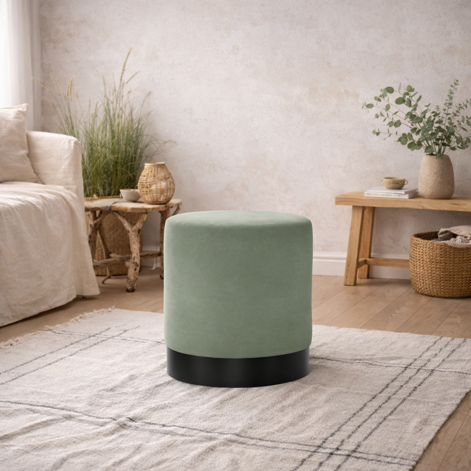 Kalua Small Velvet Stool Sage Velvet with Matt Base - Sage Green