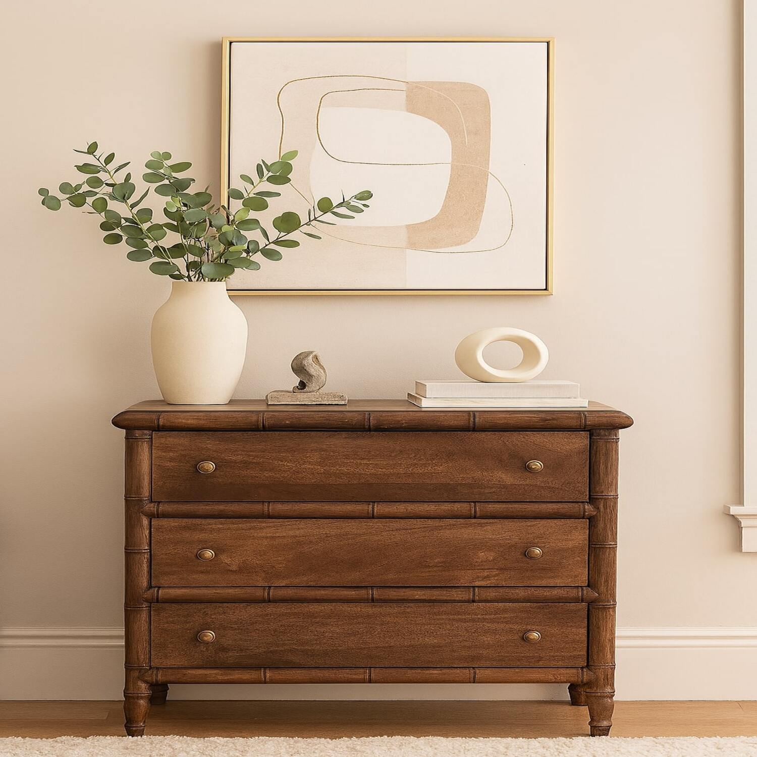 Solid Wood Bamboo Carved 3-Drawer Chest - Brown