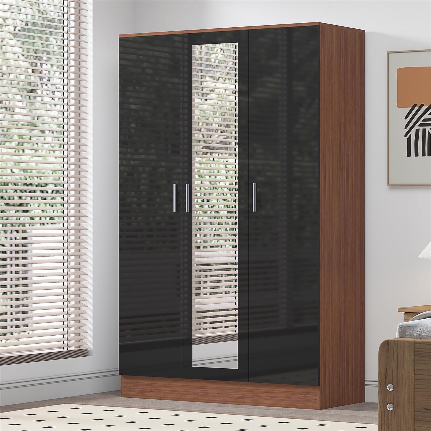 Reflect Wardrobe 3 Door Mirror - Black High Gloss Front / Walnut Matt Finish - Black Gloss / Matt Walnut