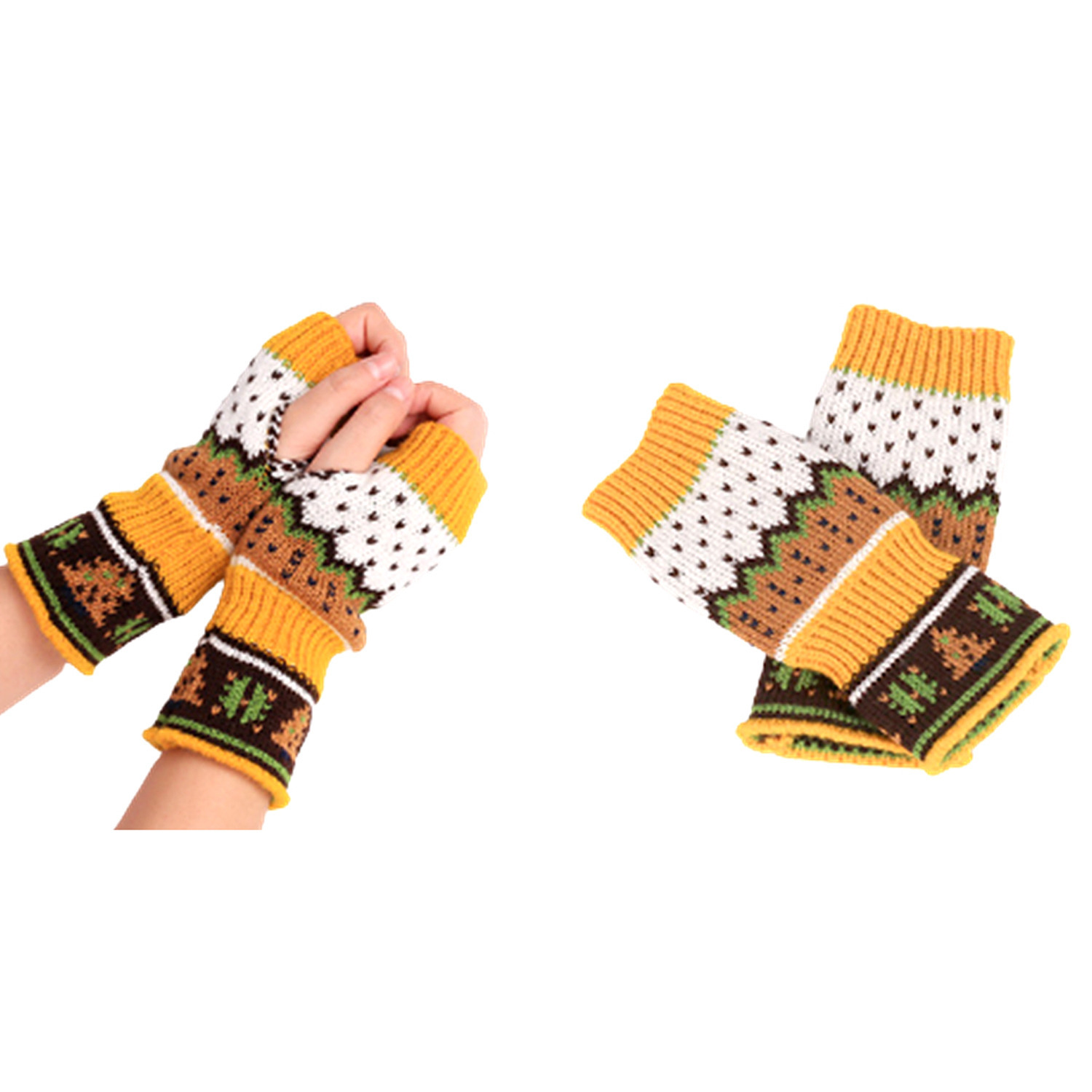 Christmas Patterned Themed Fingerless Gloves - Yellow