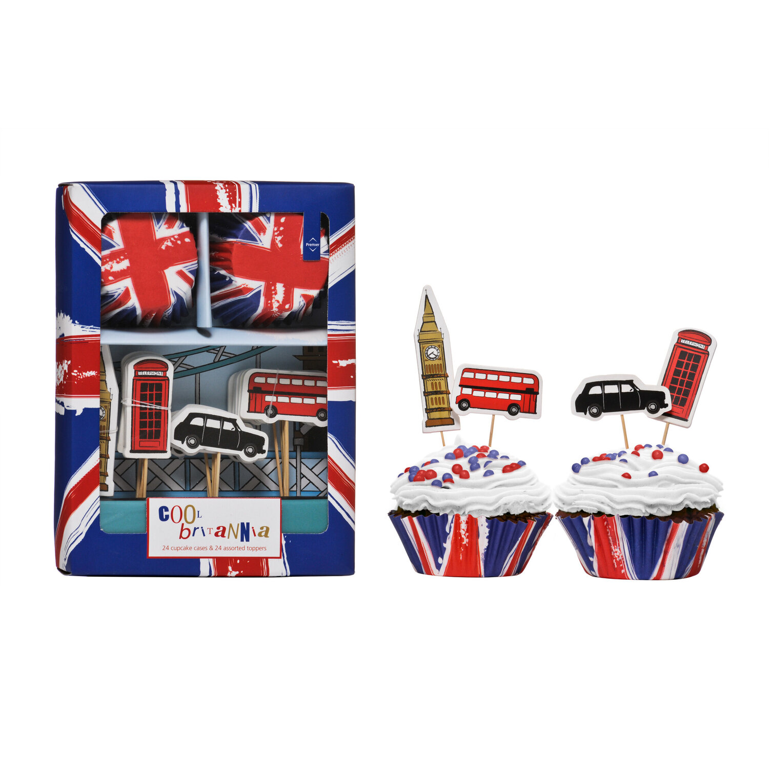 Essentials By Premier Diva Cool Britannia Cupcake Cases And Toppers Set - Assorted