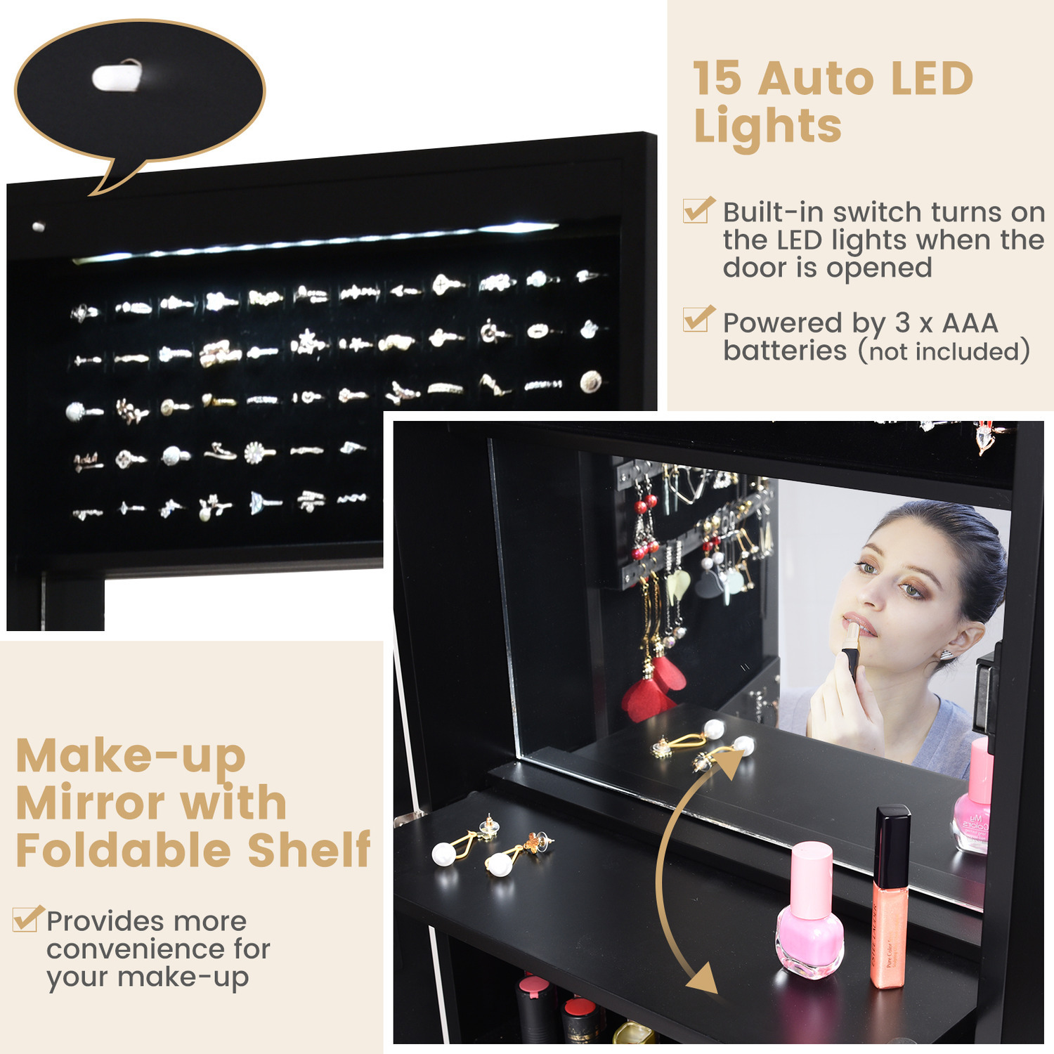 15 LEDs Mirror Jewelry Cabinet