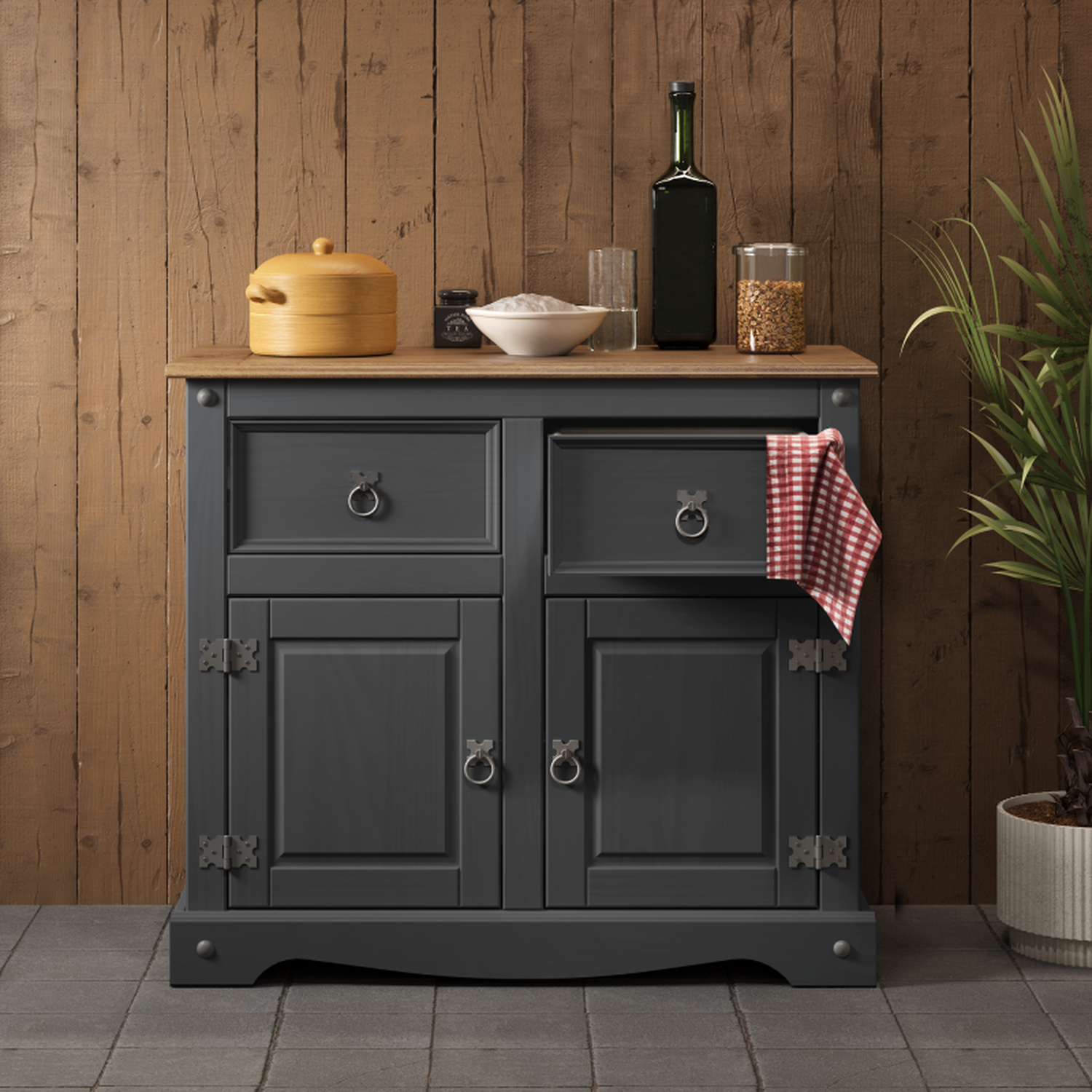 Corona 2 Door Sideboard Solid Wood Pine Wooden Cabinet 2 Drawers - Distressed Charcoal Wax