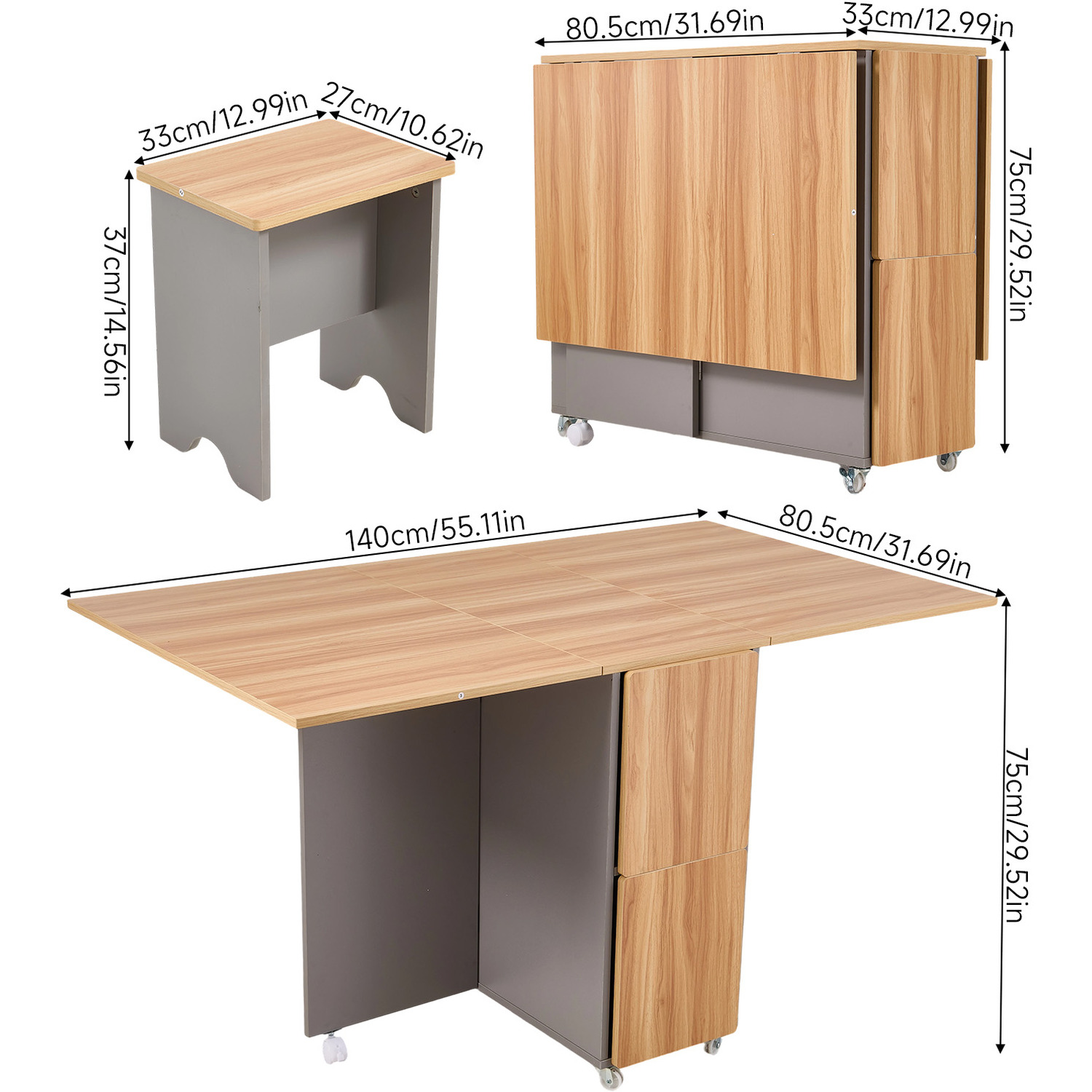 Space Saving Drop Leaf Dining Table With Four Stools - Natural Wood Grey