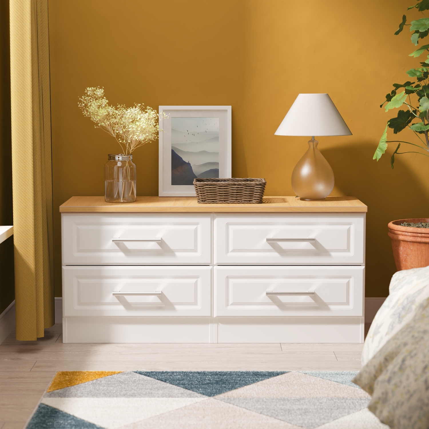 Elmley Ready Assembled 4 Drawer Bed Box - White Ash & Modern Oak