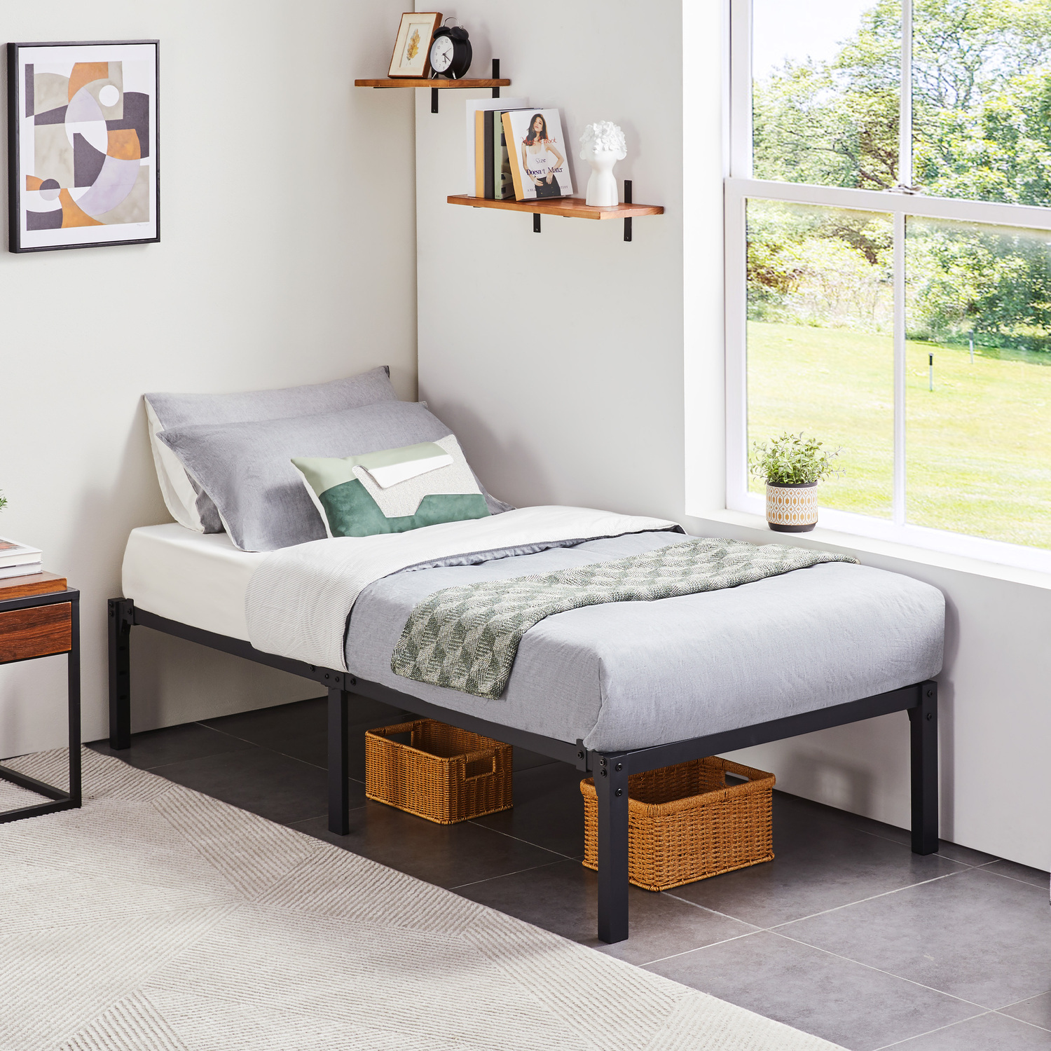 Yaheetech Metal Bed Frame With Heavy Duty Steel Slat - Black / Single