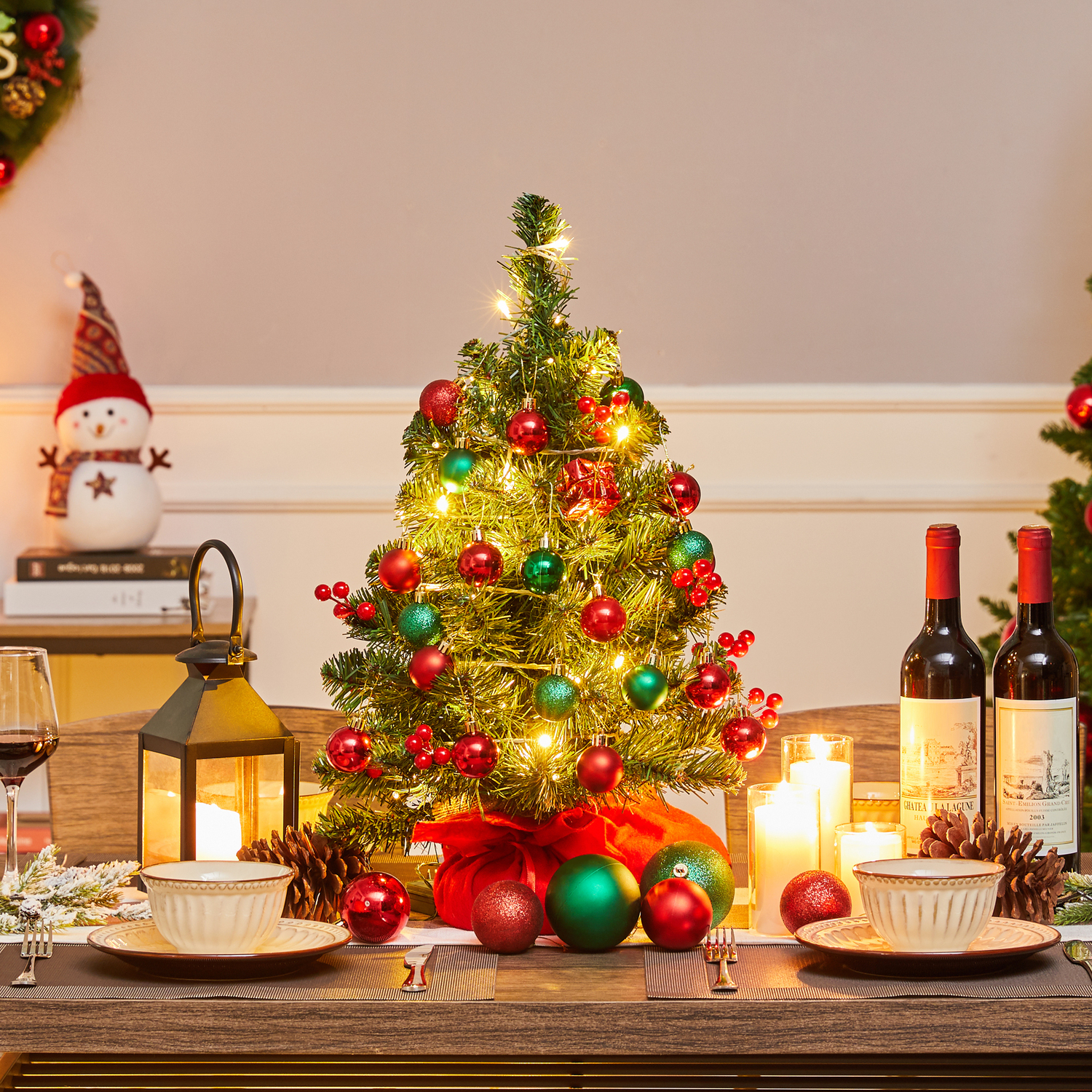 Yaheetech Tabletop Tree with Red Berries and LED Lights - Green / 38cm