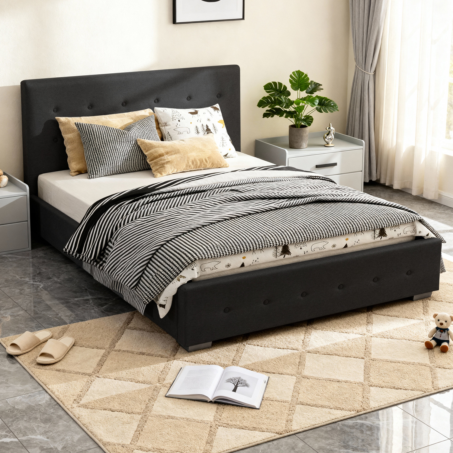 Black Fabric Ottoman Storage Gaslift Bedframe - Black / King