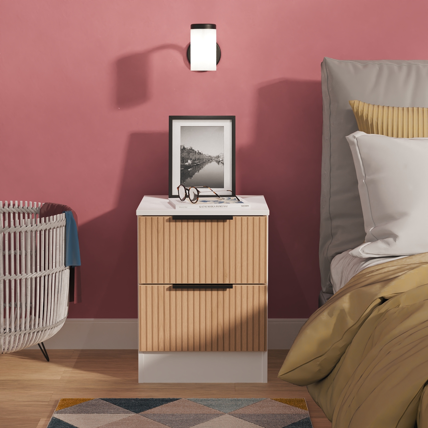 Java Ready Assembled 2 Drawer Bedside - Slatted Effect White