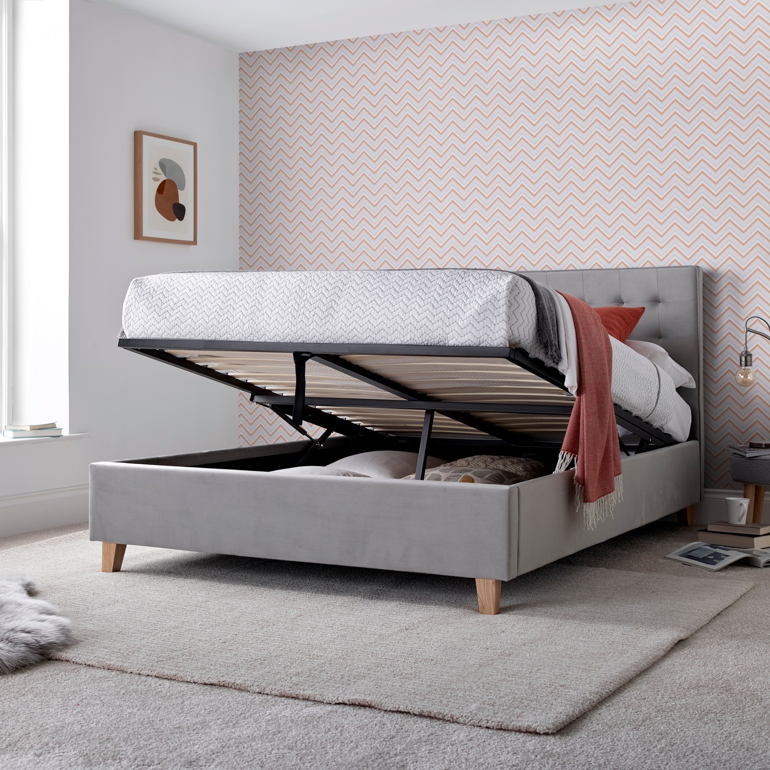 Kingham Grey Velvet Ottoman Bed - Grey Small Double