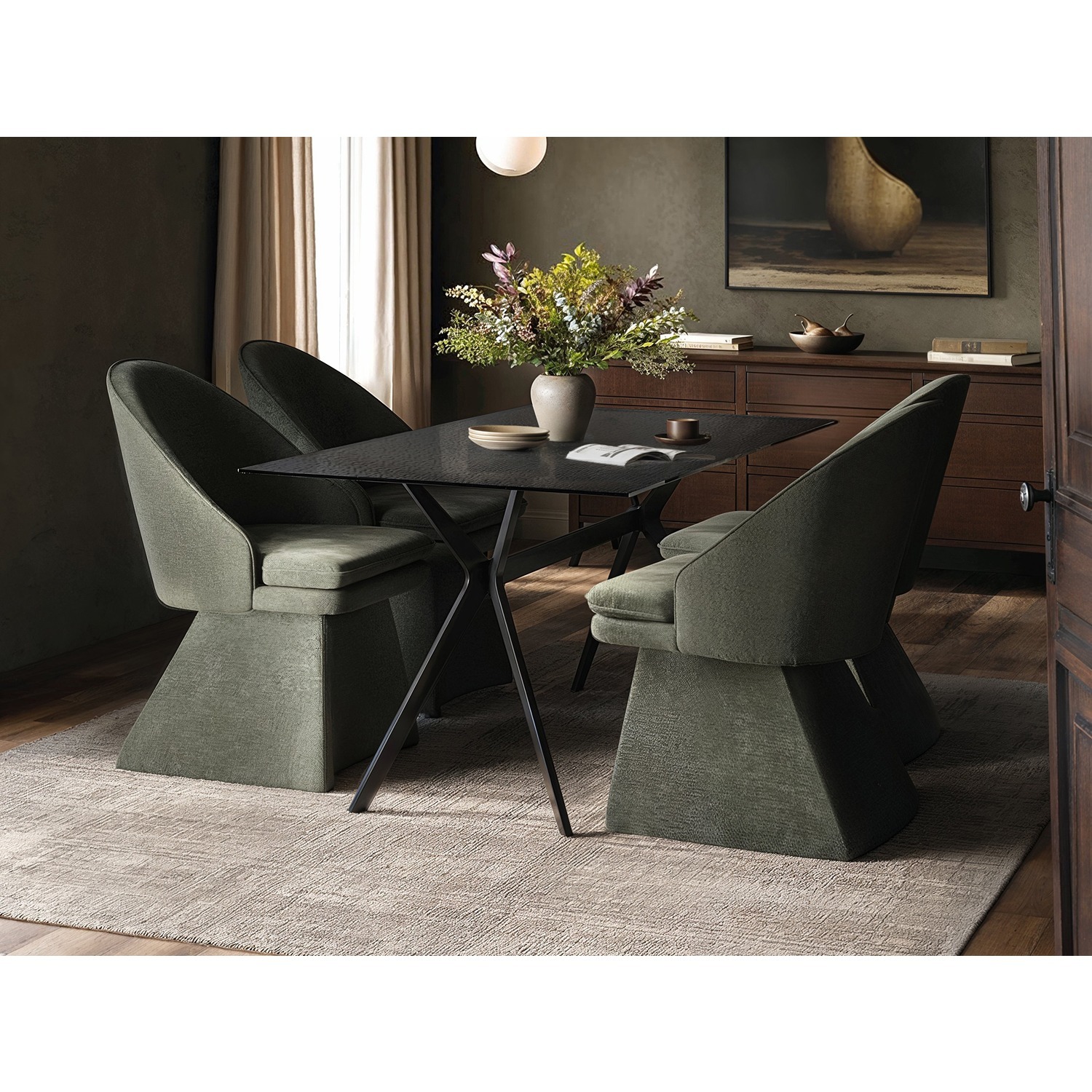 Emil Glass Dining Table with 4 Aiko Chairs Set - Black + Green