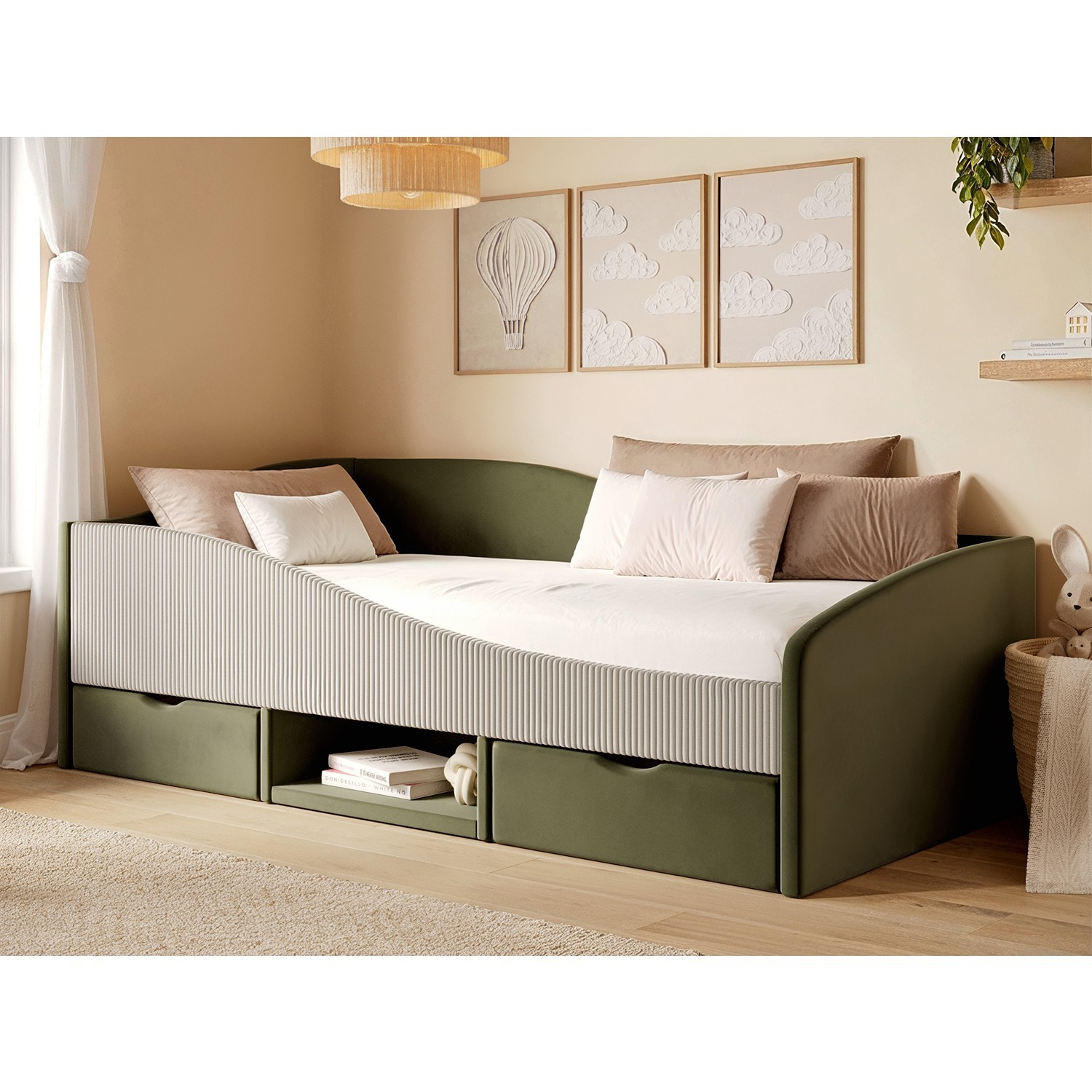 Aubrey Velvet Storage Low Sleeper Bed with Beige Cord - Green