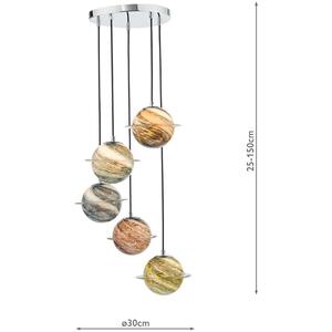Cygnus 5 Light Cluster Pendant Polished Chrome and Art Glass