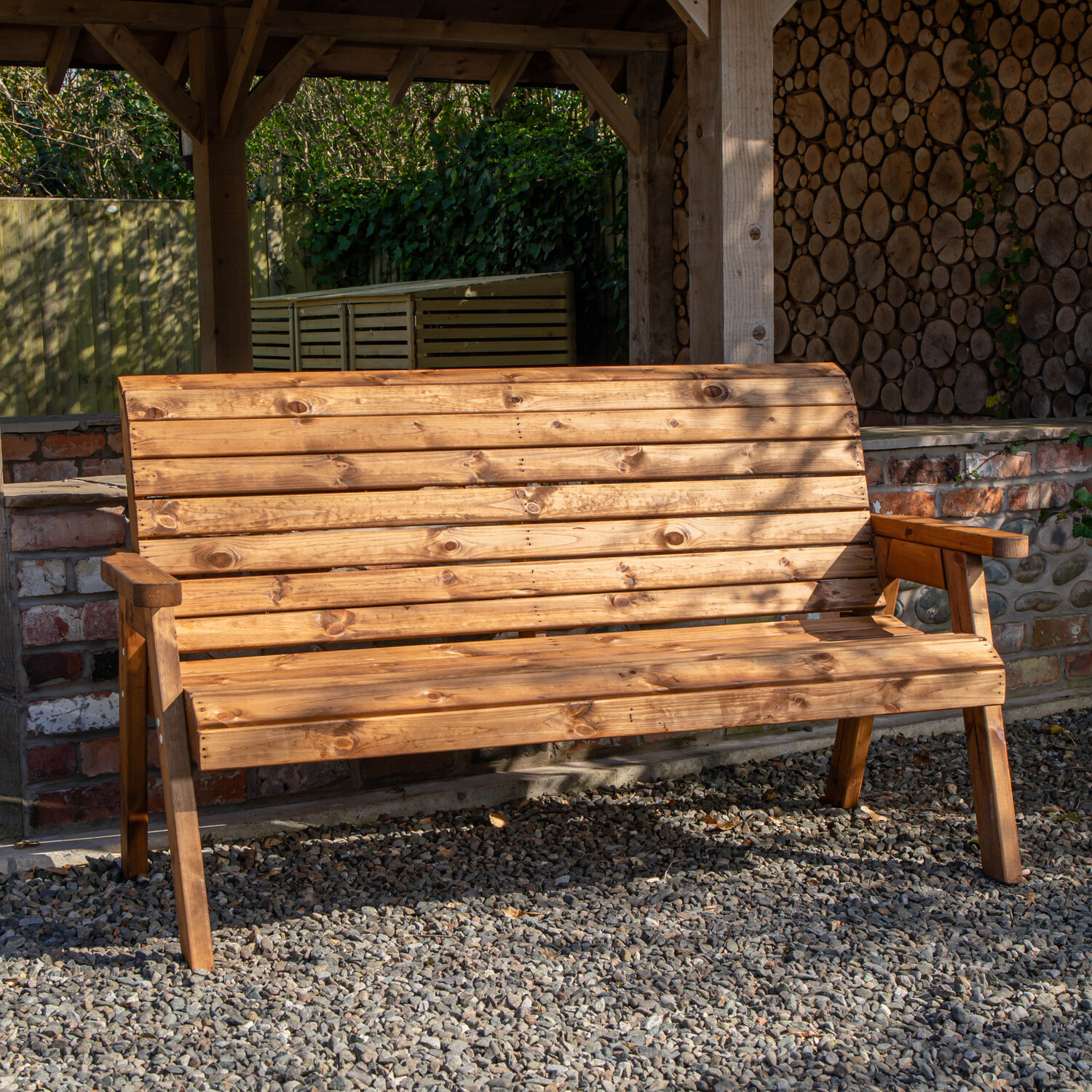 Samuel Alexander Charles Taylor Hand Made Traditional 3 Seater Chunky Rustic Wooden Garden Bench Furniture Assembled - Brown