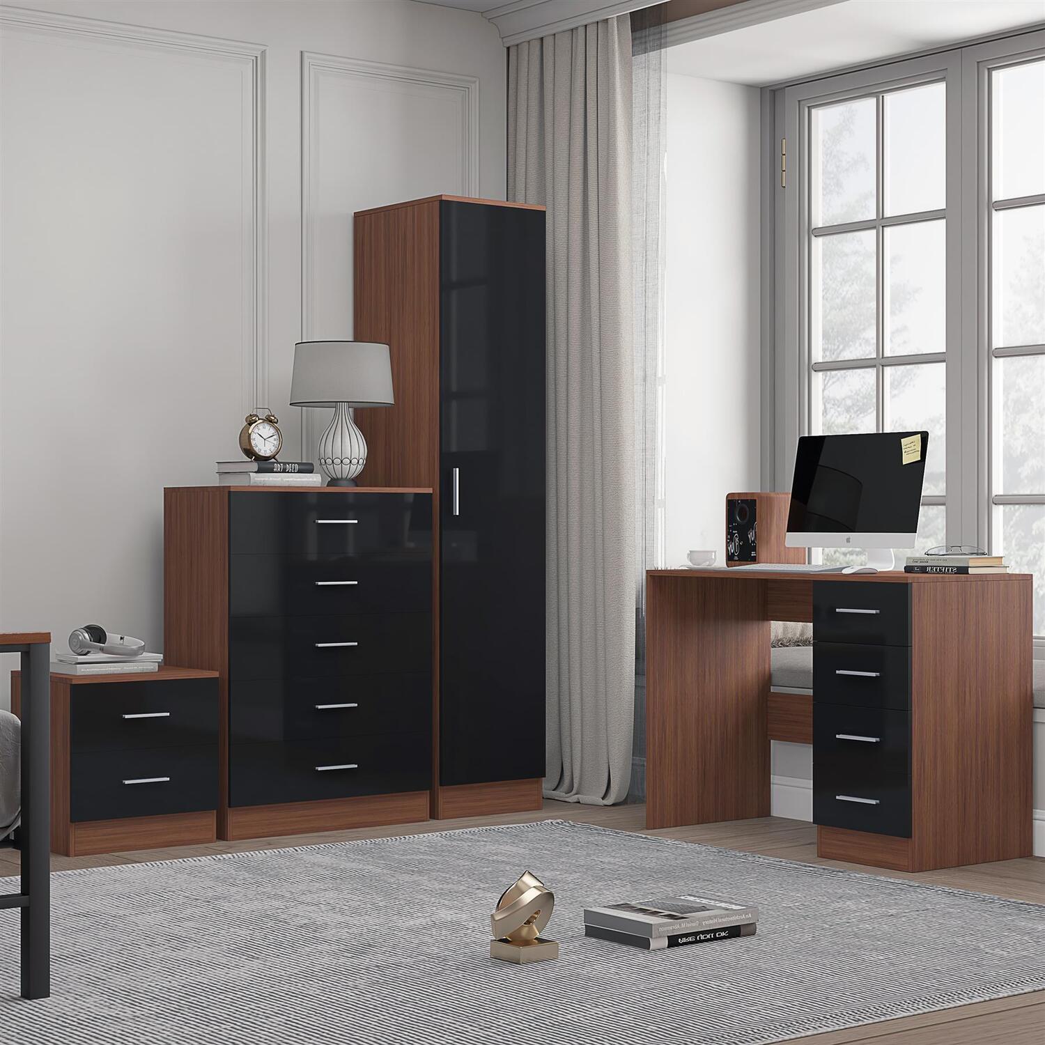 B&Q - 1 Door Plain Wardrobe5 Drawer Chest2 Drawer Bedside & DeskBlack Gloss & WalnutBedroom Furniture Set - Image 6