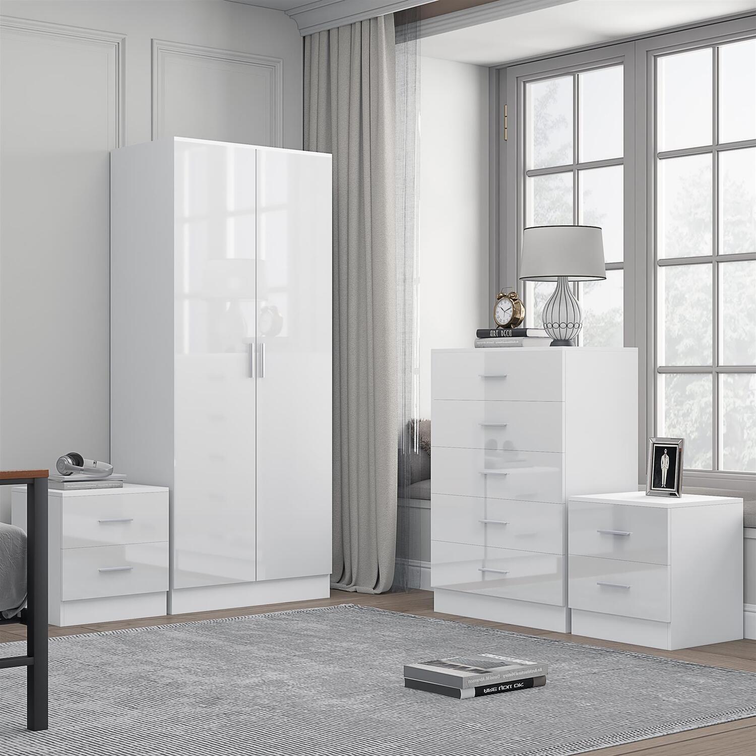 REFLECT Bundle - 2dr Plain Wardrobe + Chest + 2x Bedsides - White/White - Image 6