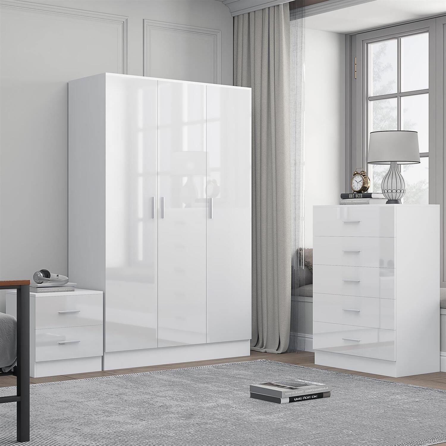 Reflect Bundle - 3Dr Plain Wardrobe + Chest + Bedside - White/White - White Gloss / Matt White