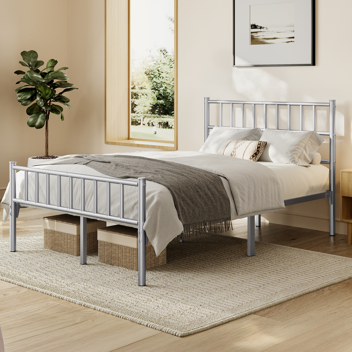Yaheetech Metal Bed Frame With Large Storage Space - Silver / Double