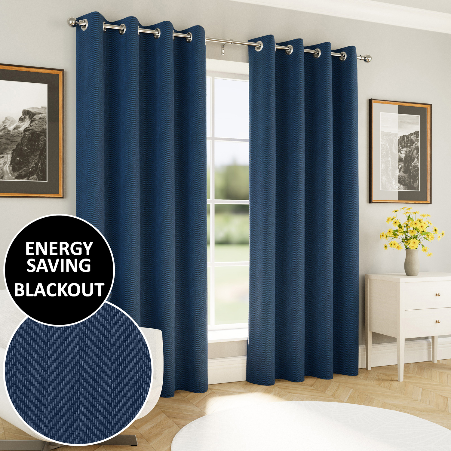 Chester Herringbone Jacquard Blackout Eyelet Curtains - Navy / 117cm