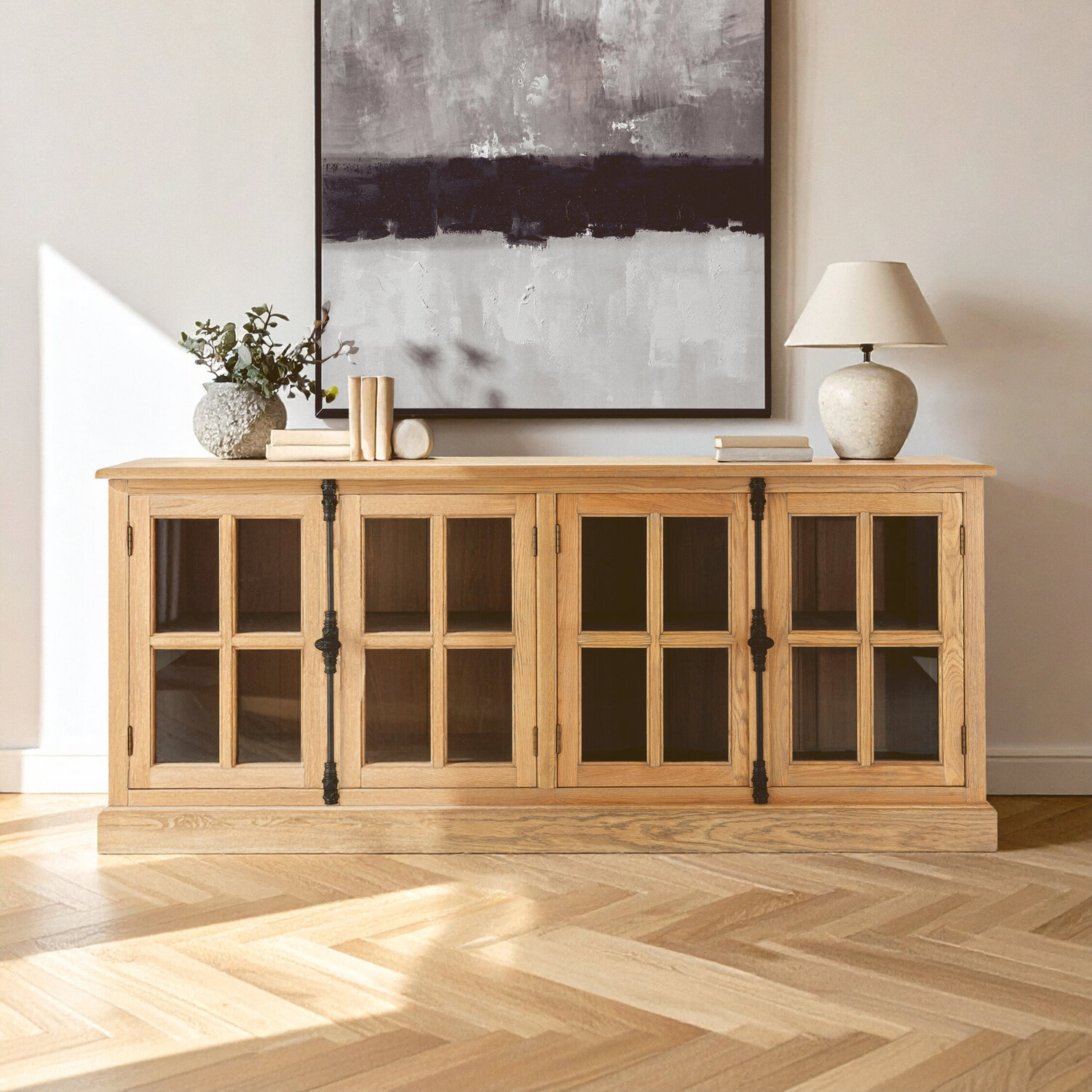 Lyon Oak Wood Sideboard with Washed Grey Finish - Brown