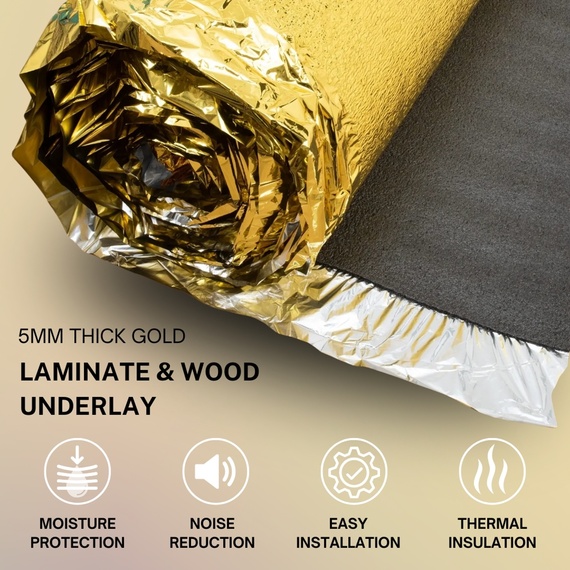 15m² Gold Foam Underlay for Laminate and Wood Flooring, 5mm Acoustic Vapour Barrier Underlay