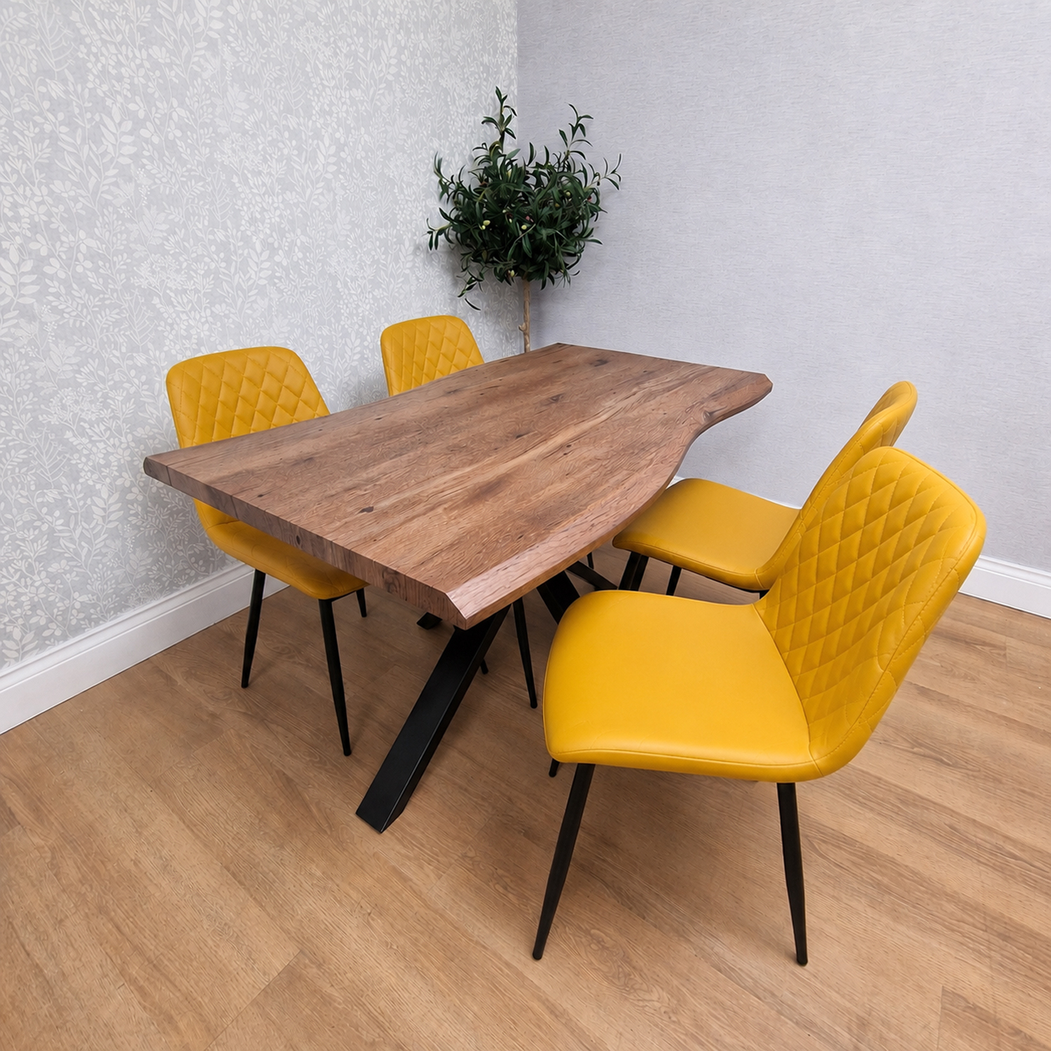 KOSY KOALA 4 Seater Wooden Effect Dining Table with Mustard Faux Leather Chairs in Brown