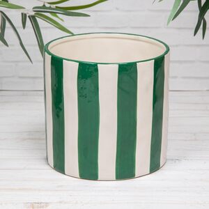 Green & White Striped Ceramic Glazed Indoor Flower Pot