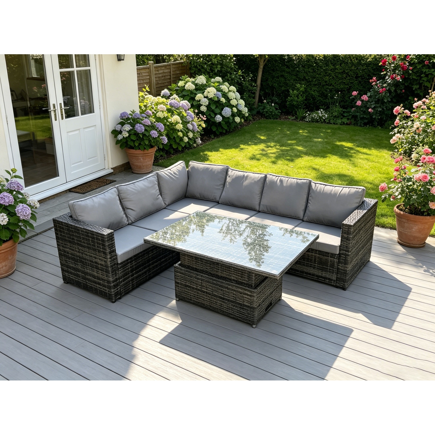 Fimous 6 Seater Pe Rattan Corner Sofa Set Rising Adjustable Dining Table Set - Dark Grey Mixed - Image 1