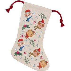 Cartoon Cats Christmas Stocking - Novelty Xmas Gift - Linen-Style With Red Drawstring Ties