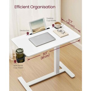 Rolling Overbed Desk Adjustable Table with Cup Holder, White